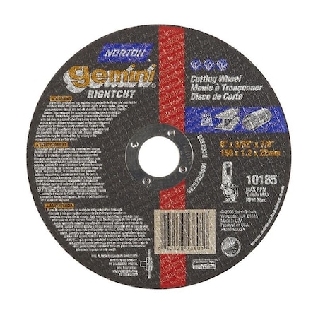 Norton Co Right Angle Cut-Off Blade Type 1 Metal-Gemini Aluminum Oxide, 6 x 3/32 x 7/8, Max RPM: 10185 662528-23601